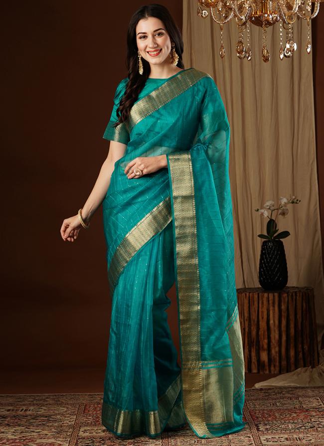 Organza Sky Blue Party Wear Zari Work Saree